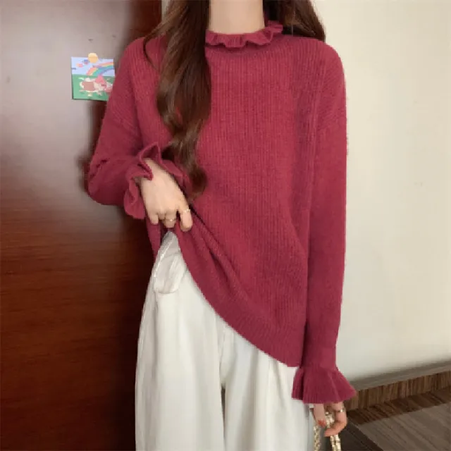 Wooden Ear Half Turtleneck Knitted Bottoming Shirt Top Brick Red - Shop at LoveMi