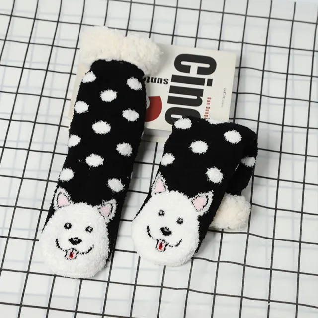 Cartoon Plush Animal Pattern Lambswool Socks Black Spotty Dog - Shop at LoveMi