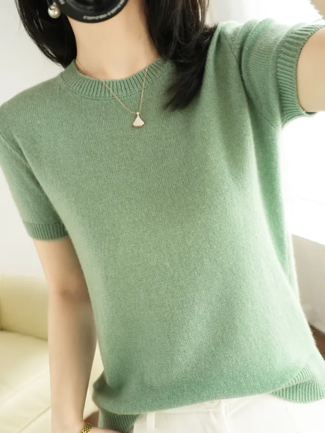Knitted Short Sleeve Loose T shirt Inner Wear Sweater Non cashmere Bottoming Shirt Avocado Green - Shop at LoveMi