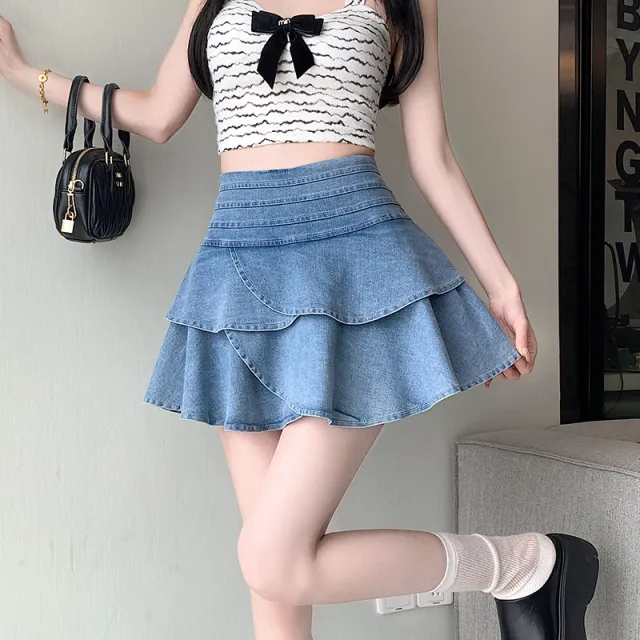 Denim Skirt Elastic Waist Lotus Leaf Border Light Skirt Blue - Shop at LoveMi
