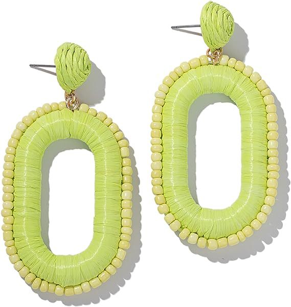 Beaded Raffia Stud Earrings Square Pendant