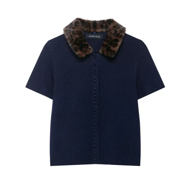 New European And American Style Fashion Women's Wear Animal Print Neckline Knitted Short Sleeve Dark Blue - Shop at LoveMi