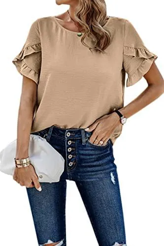 Casual Pleated Short Sleeves Summer Loose Shirt Solid Color Round Neck Shirt Waist Top Apricot - Shop at LoveMi