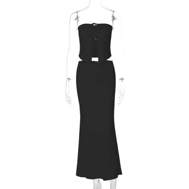 Sexy Patchwork Chest Wrap Midriff baring Top Slim Skirt Suit Black - Shop at LoveMi