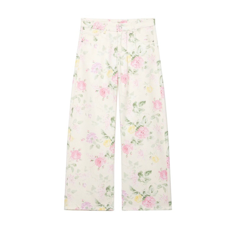 Womens Relaxed-fit Floral Wide-leg Denim Jeans