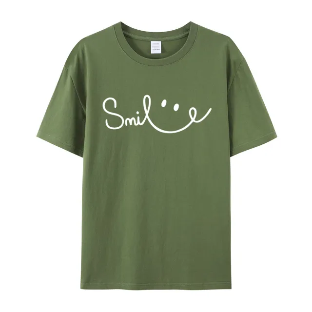 Women's Smiling Printed Cotton Short Sleeve Army Green - Shop at LoveMi