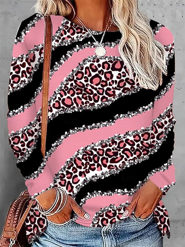 Womens Casual T Shirt With 3D Printed Crew Neck And Long Sleeves