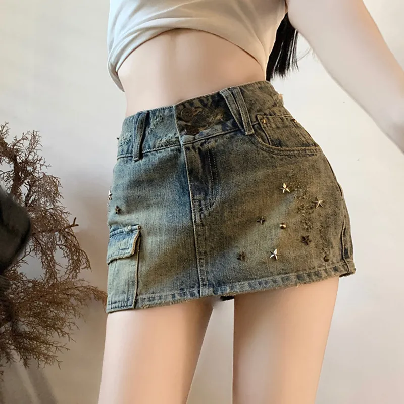 Heavy Industry Sheath A- Line Skirt Washed-out Vintage Denim Skirt - Vintage Blue
