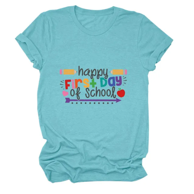 Loose Women's Short sleeved Shirt Happy First Day Of School Deep Water Blue Color Picture - Shop at LoveMi