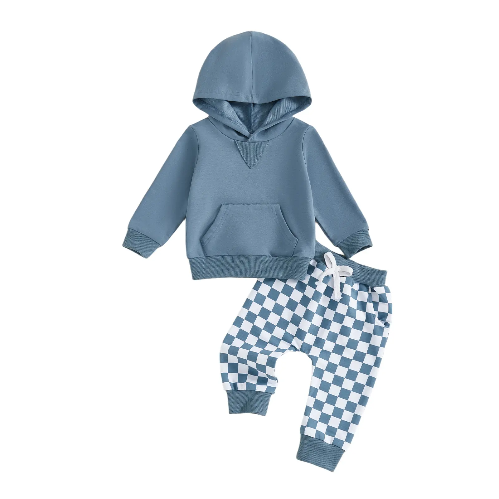 Hooded Solid-color Long-sleeve Sweatshirt And Plaid Trousers