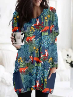 Picasso-style Casual Mid-length Loose-fitting Womens Dress With A Crew Neck - 5 Style-L - View 1