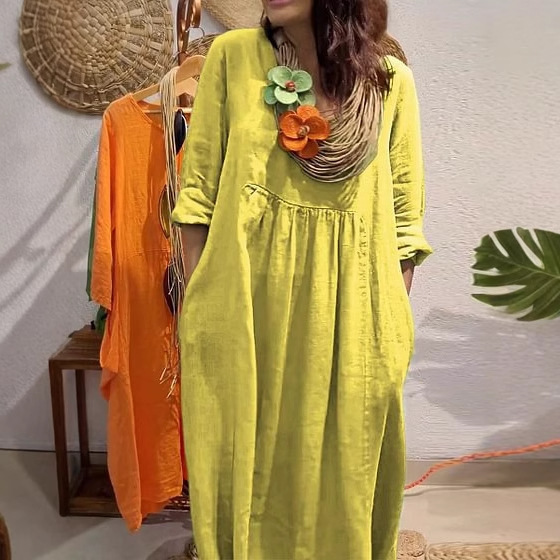 Women's Casual Solid Color Cotton And Linen Pocket Dress