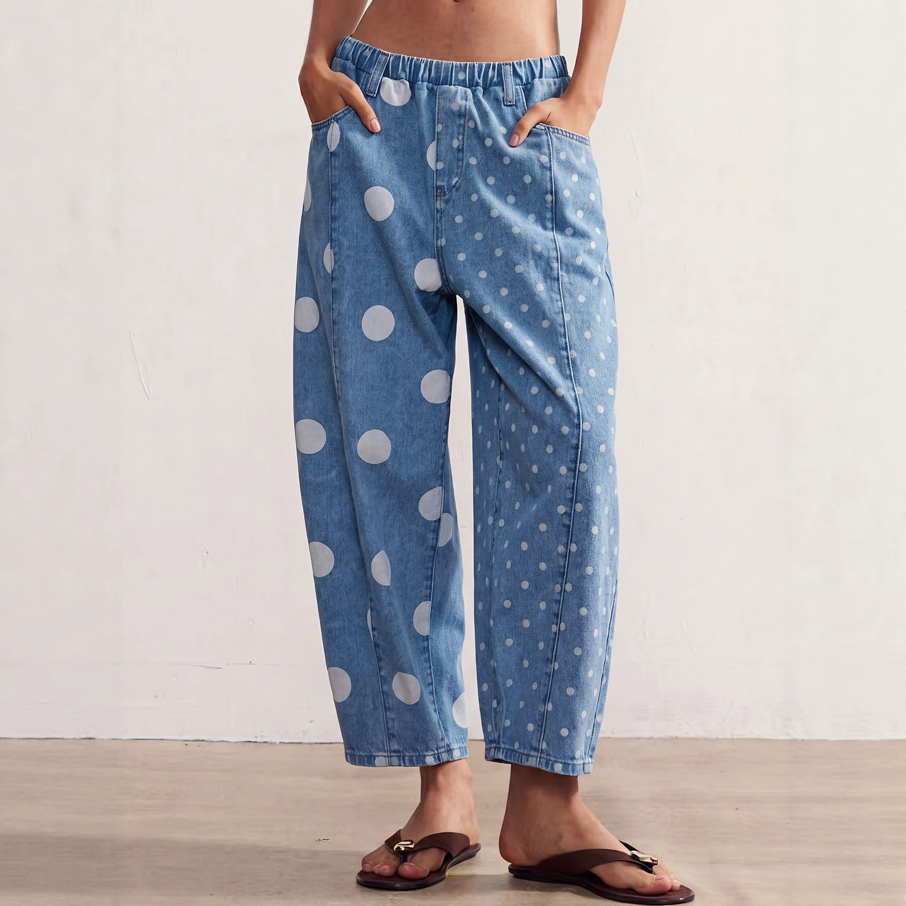 Women's Polka-Dot Print Patchwork Loose-Fit Jeans