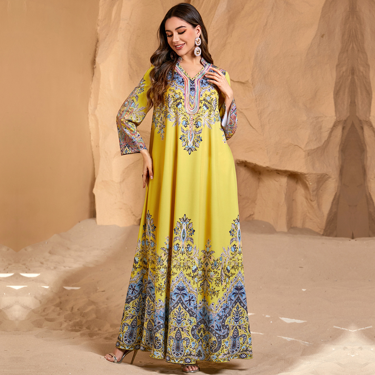 Printed Women's Robe Casual Round Neck Loose Dress