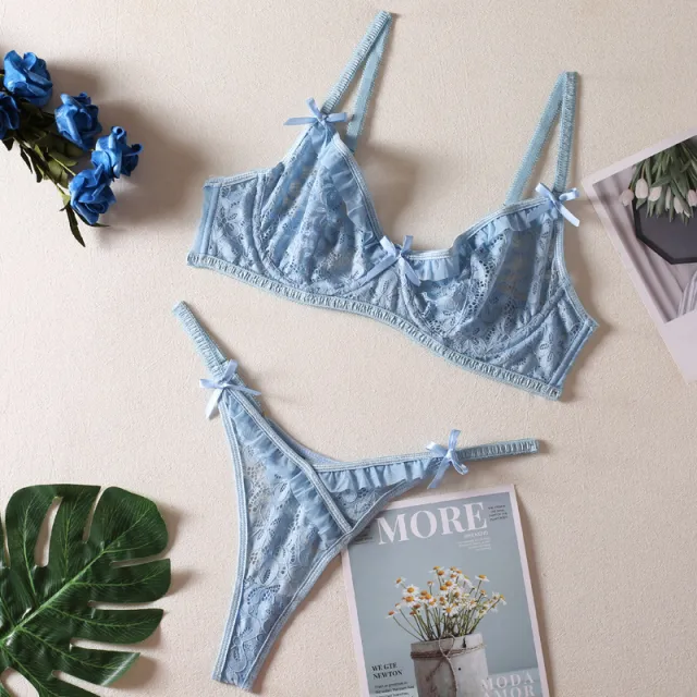 Lace Pattern Bow Bandeau Sexy See through Sexy Lingerie For Women Blue - Shop at LoveMi