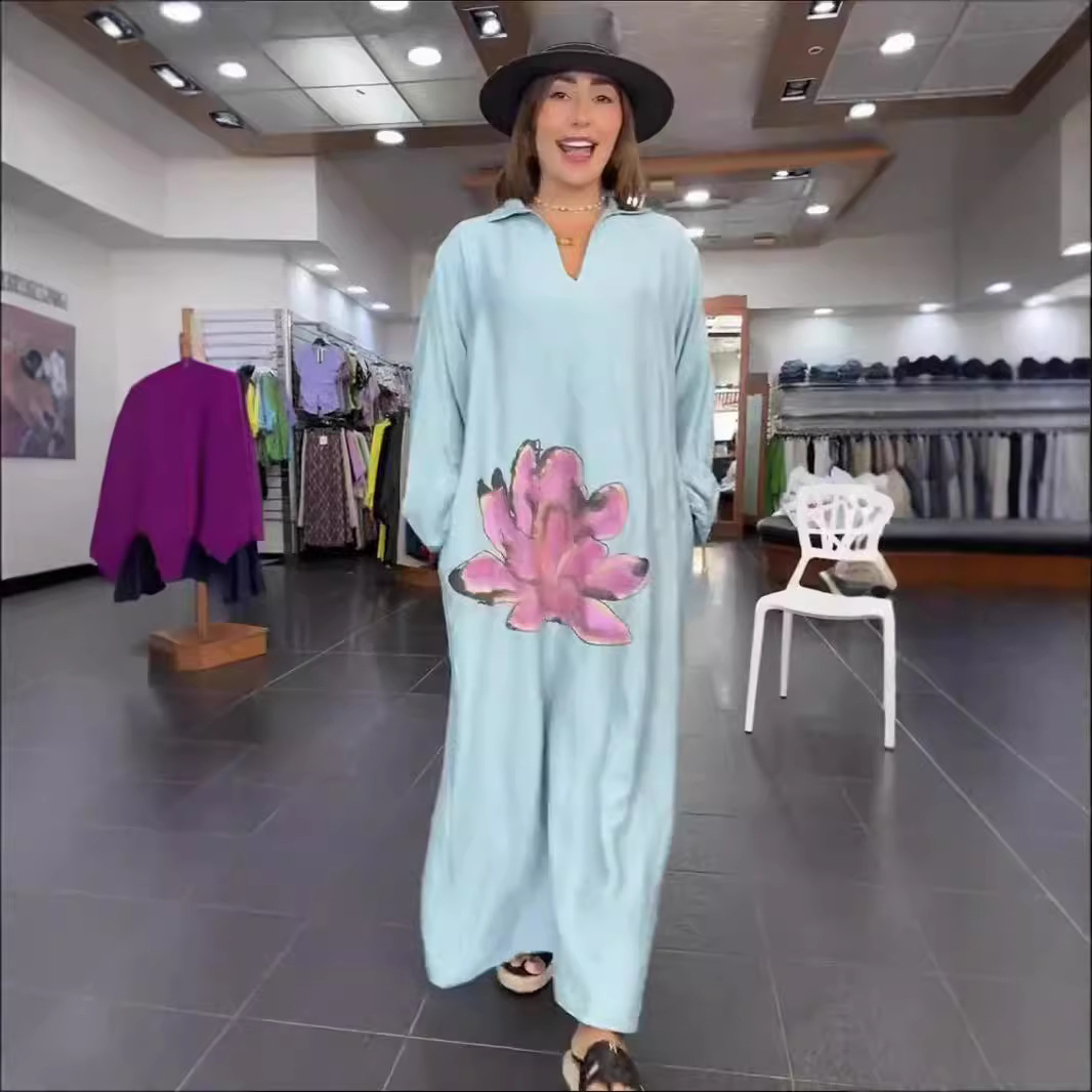 Urban Fashion Loose Flower V-neck Long-sleeve Dress