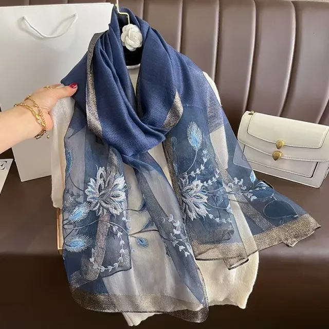 Versatile Embroidered Silk Feel Thermal Scarf Navy - Shop at LoveMi