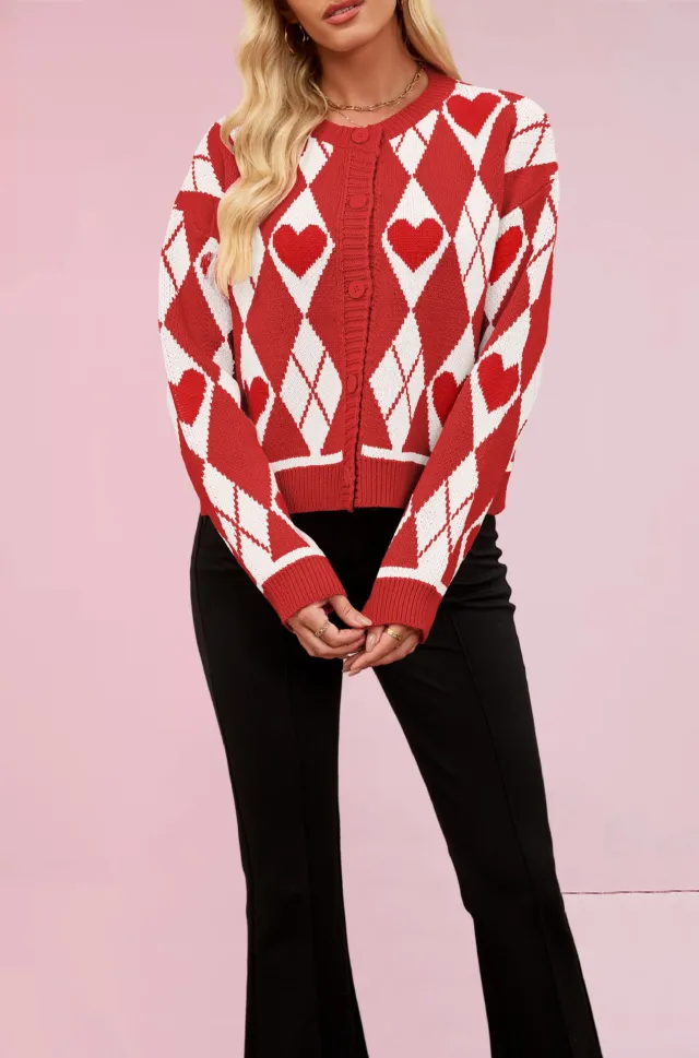 Valentine's Day Cardigan Heart Knitted Sweater Coat Red - Shop at LoveMi