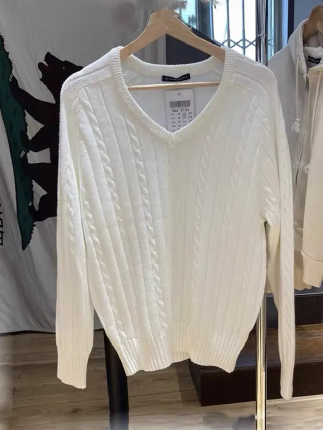 Same Style Autumn And Winter American Twist Pullover V neck Sweater Women's Preppy Style Loose Sweater Top White - Shop at LoveMi