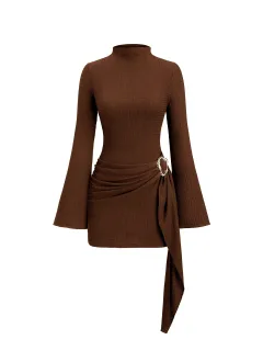 Metal Waist Buckle Minimalist Slightly Flared Sleeve Slim Fit Midi Dress - Coffee - View 1