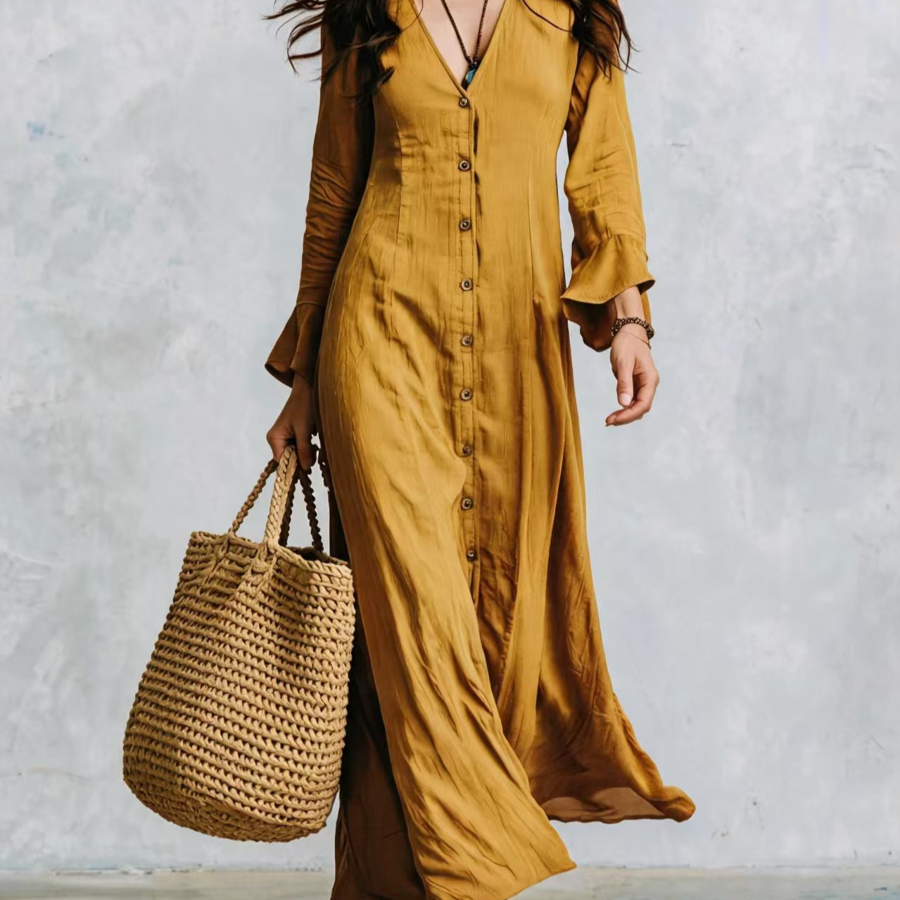 Cotton And Linen Long-sleeved Button-front Dress