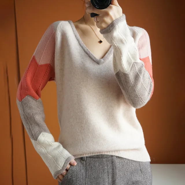 Contrast Color Woolen Sweater Women V neck Pullover Patchwork Color Thermal Knitting Sweater Women Elegant Camel - Shop at LoveMi