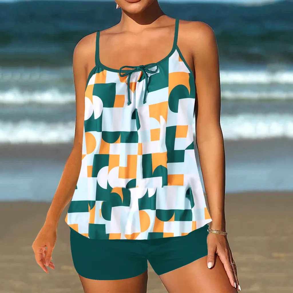 Split Plus Size Boxer Bikini Printed Swimsuit - Green