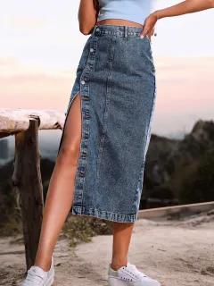 Button Irregular Slit Skirt Denim High Waist Long Skirt - Fried Flower Dark Blue - View 1