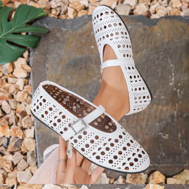 Women's Low cut Buckle Hollow out Round Toe Flat Shoes White - Shop at LoveMi