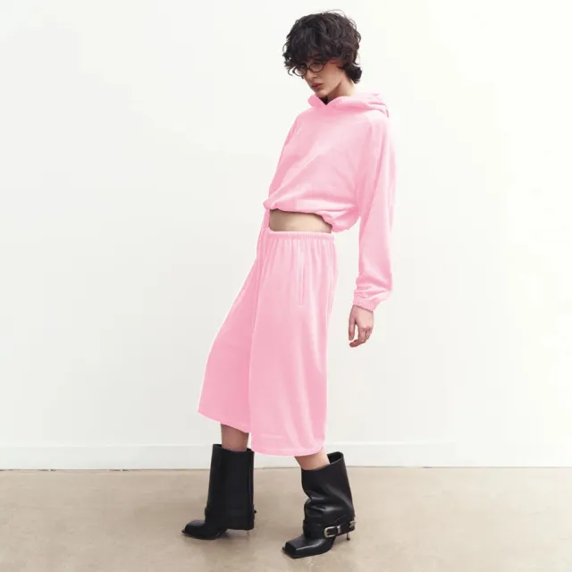 Womens Hooded Long Sleeve Top And Elastic Waist Shorts Set Pink - Shop at LoveMi