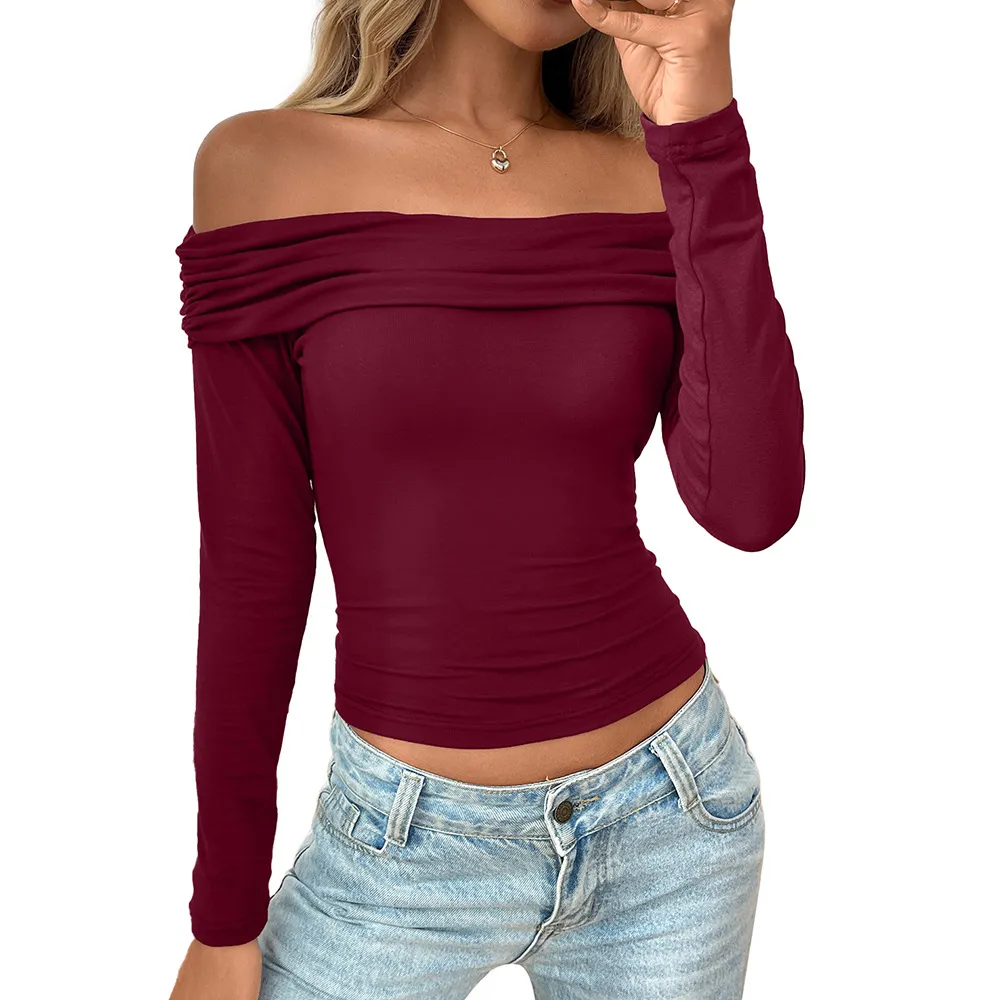 Y2g Pleated Off-shoulder Long Sleeve Sexy Top - Red