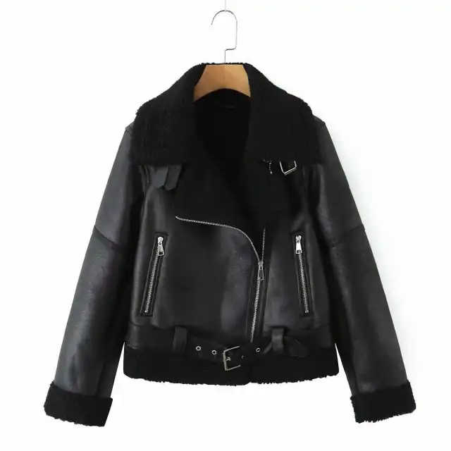 Women's Fashionable Warm Cotton Jacket Motorcycle Fur Coat Black - Shop at LoveMi