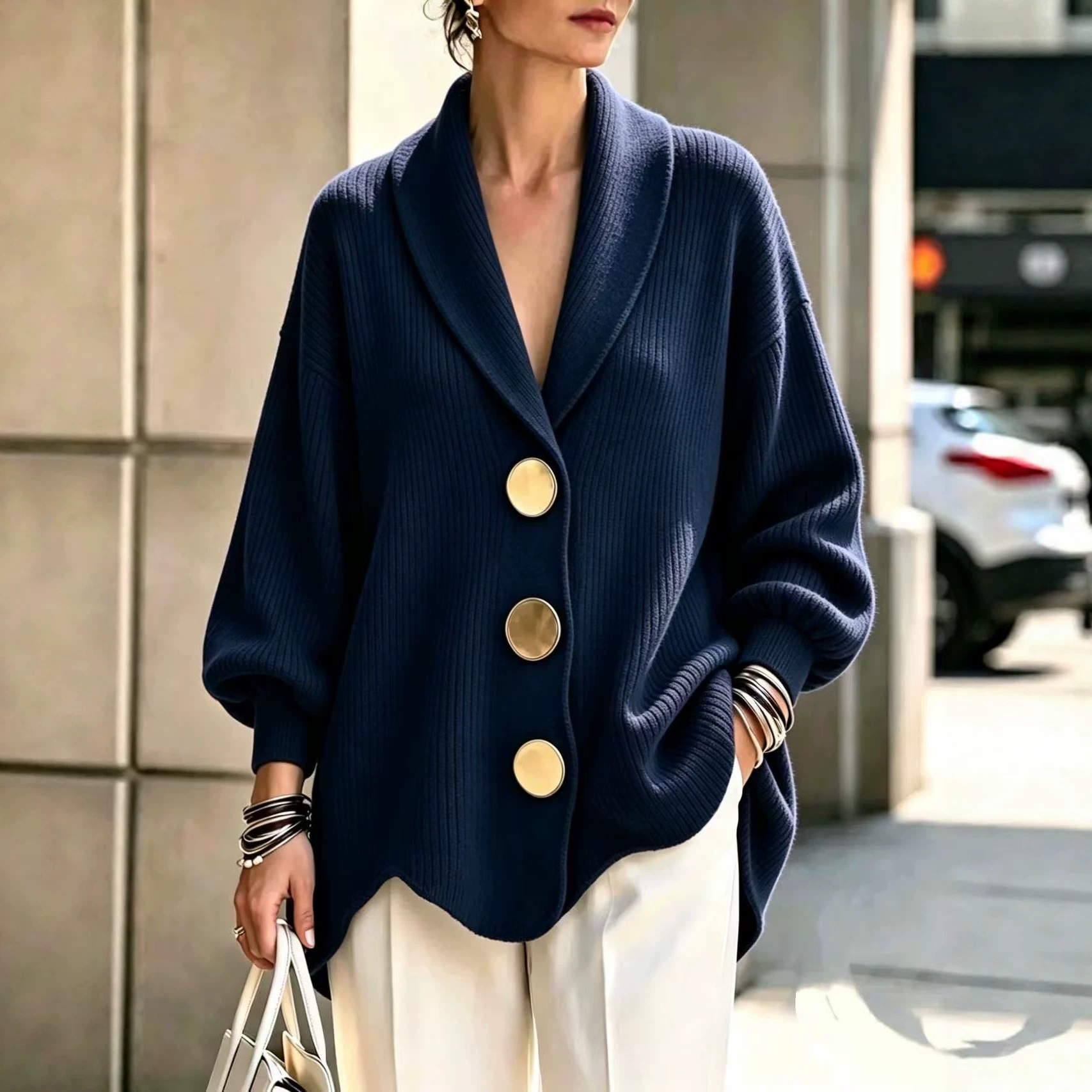 Women's Corduroy Long-sleeved Top With Metal Buttons