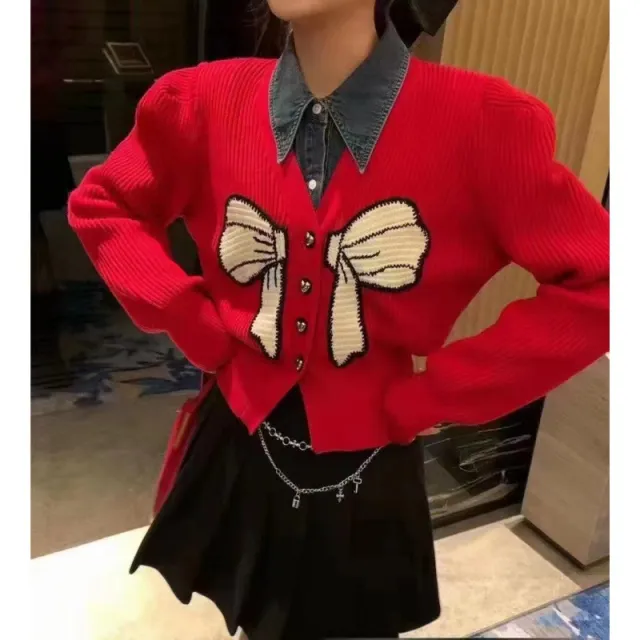 French Style Bow V neck Sweater Top Red - Shop at LoveMi