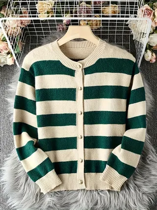 Women's Black And White Striped Knitted Cardigan Loose And Lazy Style High grade Outer Wear Thick Sweater Green - Shop at LoveMi