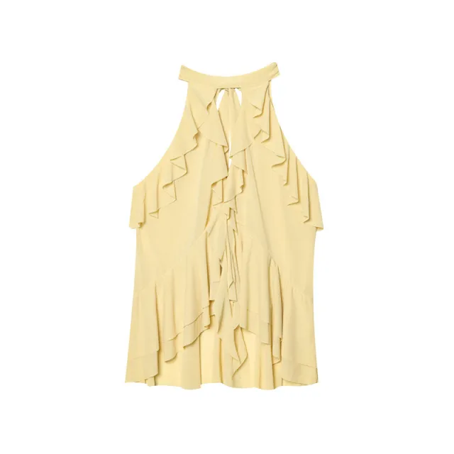 Halter Ruffled Laminated Decoration Vest Top For Women Yellow - Shop at LoveMi