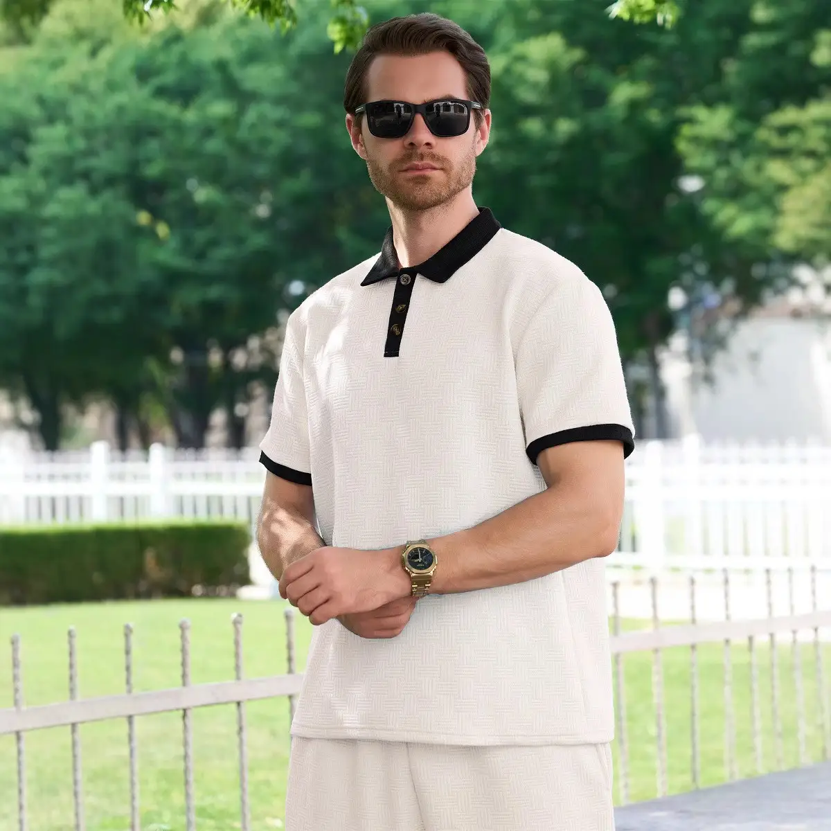 Mens Fashion Jacquard Color-Block Casual Short-Sleeve Shirt