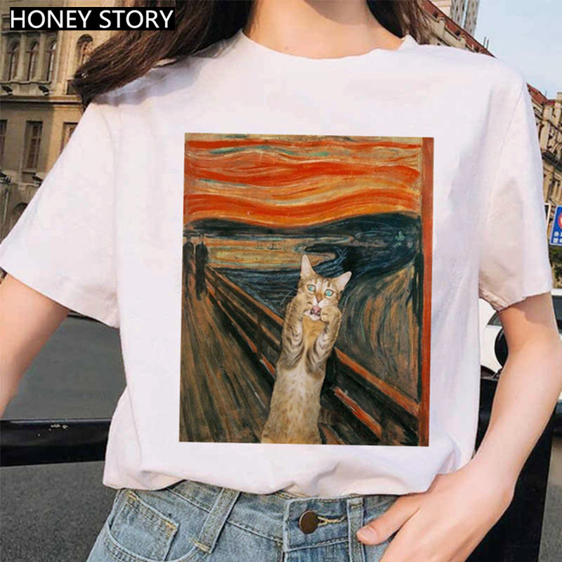 Creative Printing Round Neck Loose Women's White Short Sleeve