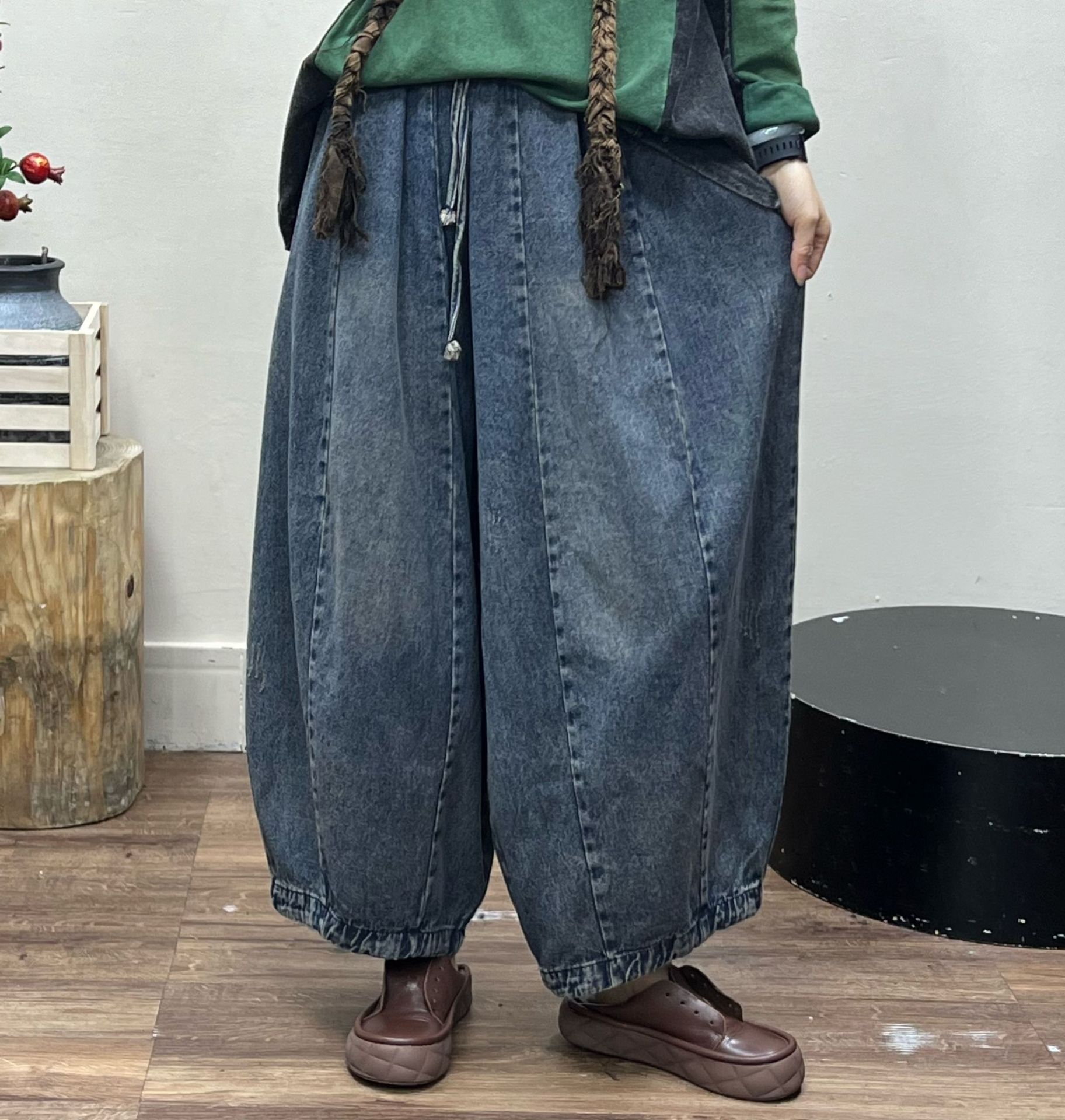 Women's Large Size Retro Denim Elastic Wide leg Pants Picture Color - Shop at LoveMi