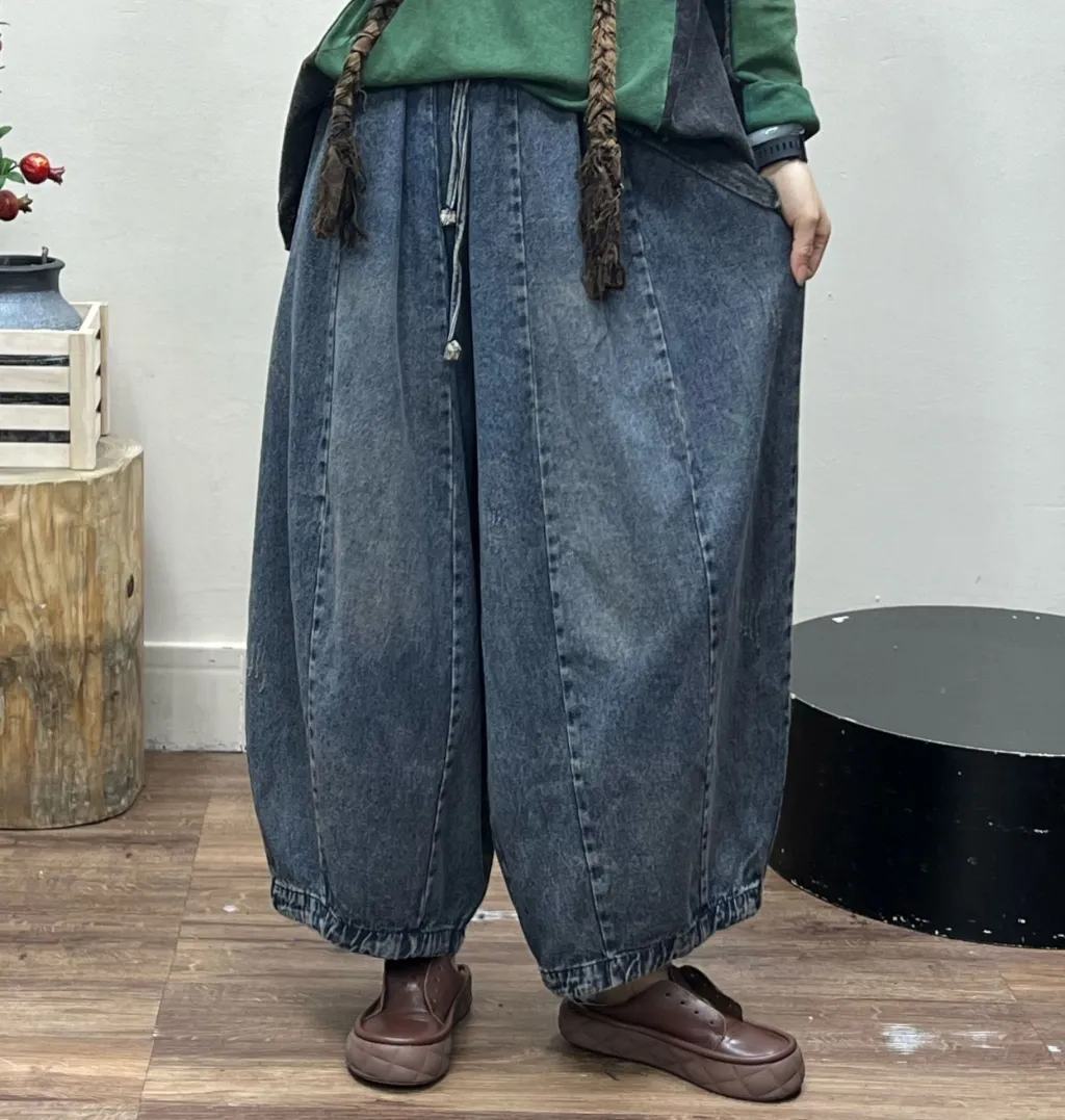 Women's Large Size Retro Denim Elastic Wide-leg Pants