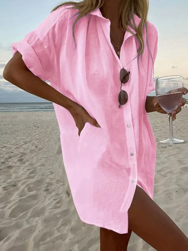 Women's Casual Loose Fit Fashionable Cotton Linen Solid Color Short Sleeve Top Pink - Shop at LoveMi