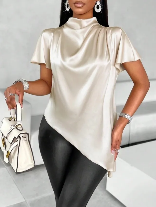 Women's Solid color Loose fitting Casual Top With An Asymmetrical Hem Apricot - Shop at LoveMi