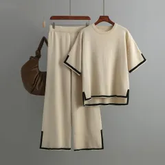 Short-sleeved Sweater Wide-leg Pants Suit - Apricot - View 1