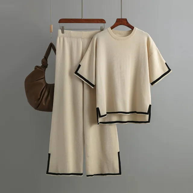 Short sleeved Sweater Wide leg Pants Suit Apricot - Shop at LoveMi