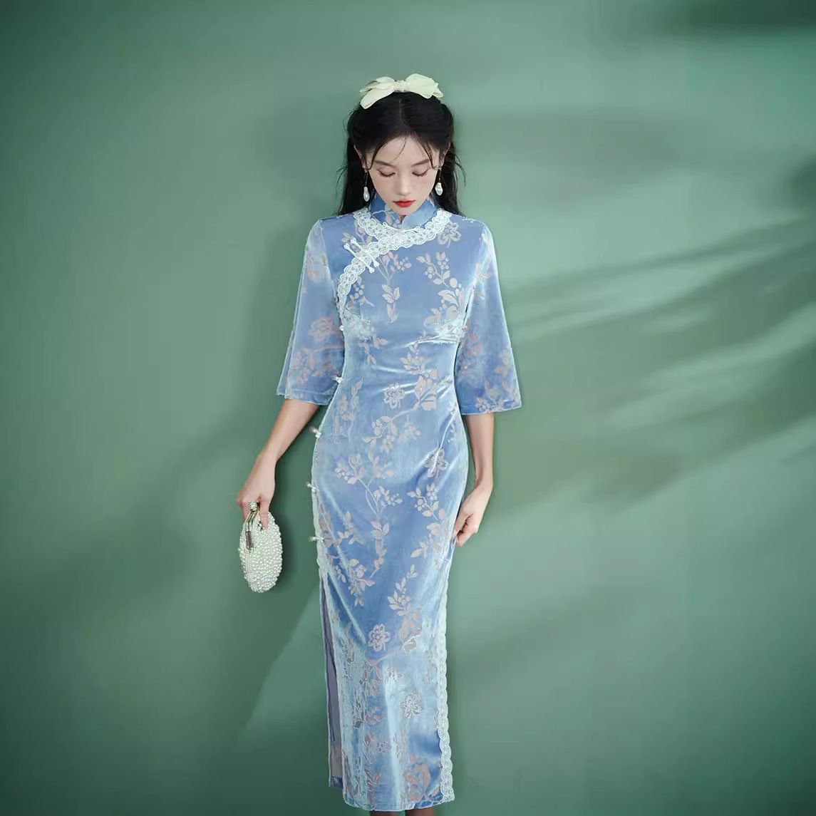 Autumn New Improved Cheongsam Daily National Style Temperament Blue Long Dress