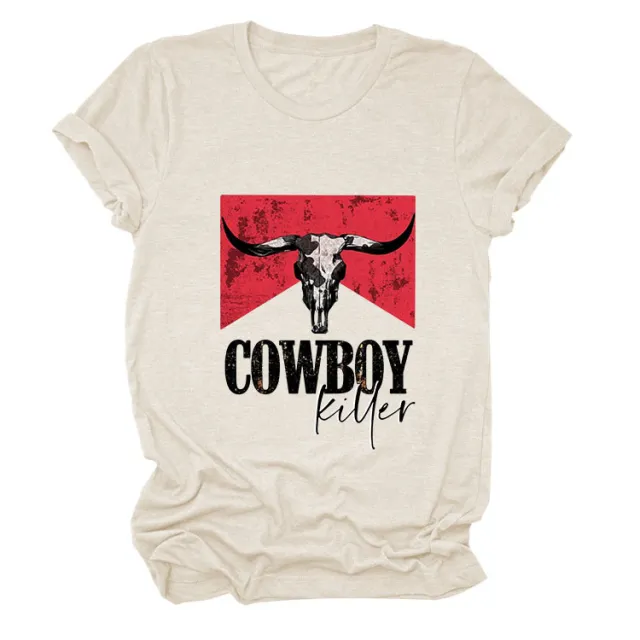 COWBOY KILLER Cow Head Letter Print Short sleeve Loose Women's T shirt Sand Color Color Picture - Shop at LoveMi