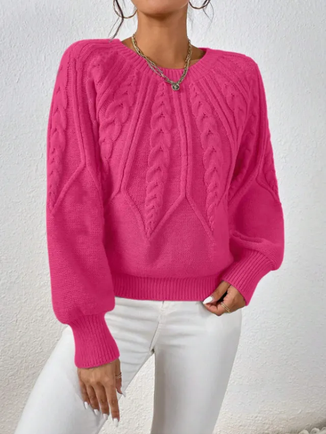 Round Neck Knitted Sweater Female Twist Thread Solid Color Versatile Casual Top Rose Red - Shop at LoveMi