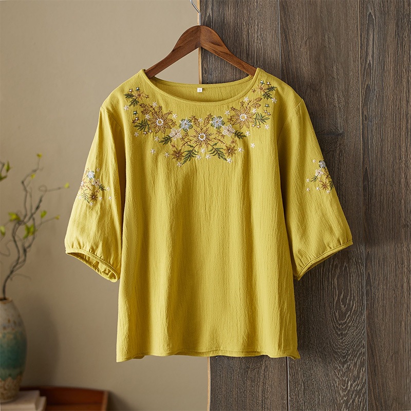 Women's Embroidered Three-Quarter Sleeve Shirt Top