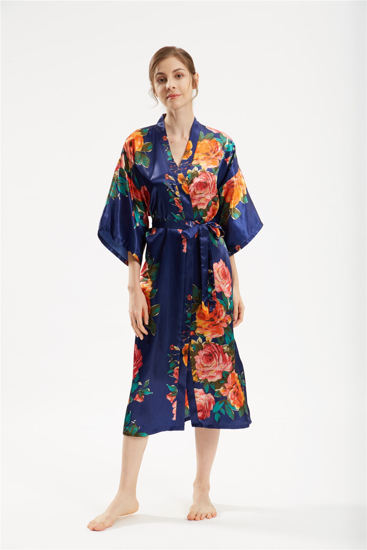 Title 4, Satin handbemalter Pfingstrose langer Kimono Yu...