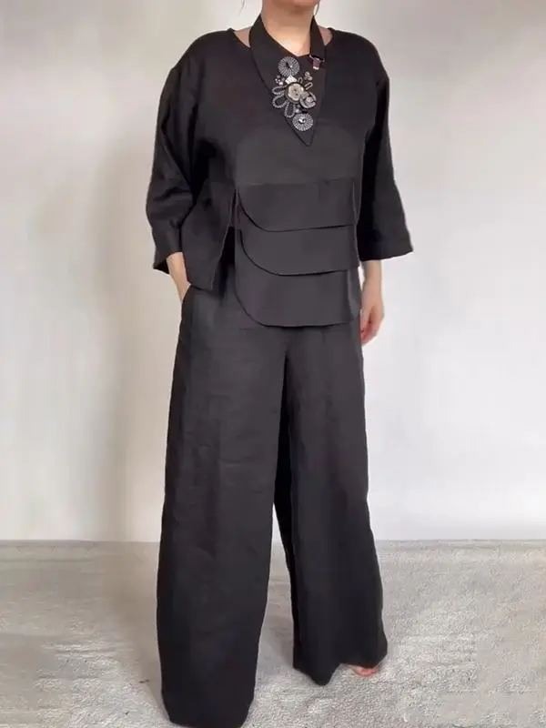 Round Neck Satin Layered Design Blouse Wide Leg Pants Suit Black - Shop at LoveMi